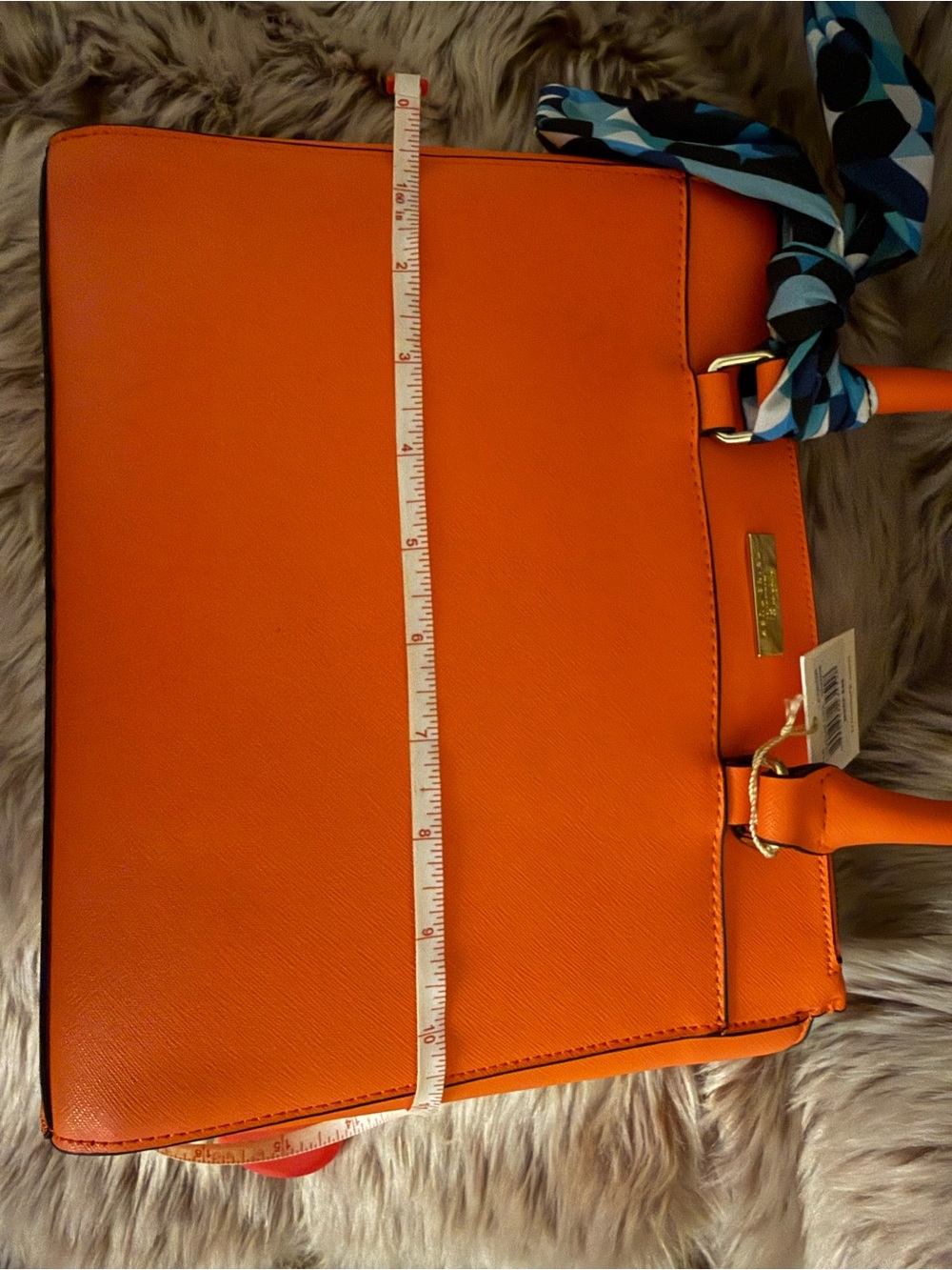 Trina Turk Orange Handbag with Blue Scarf and Interior and Gold Accents - Picture 8 of 11